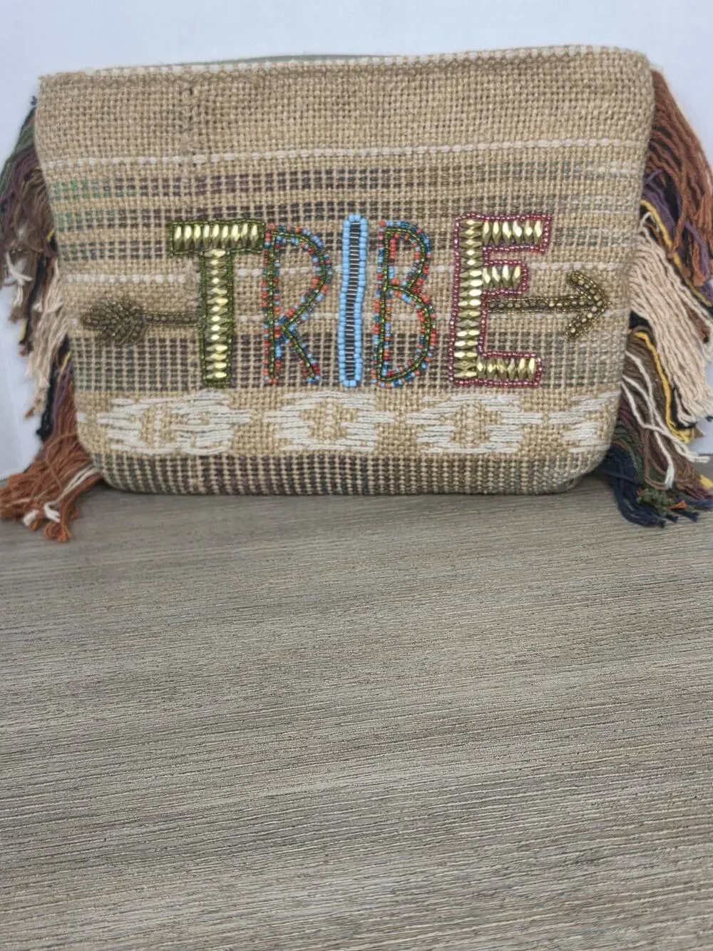 Ale by Alessandra TRIBE Striped Zip Clutch Beaded Fringe Inner Pockets